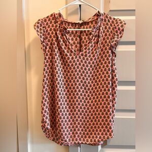 LOFT Pink Cap-Sleeve V-Neck Top with Black Floral Motif